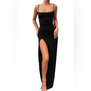Black Spaghetti Strap Backless Thigh-high Slit Bodycon Maxi Long Dress